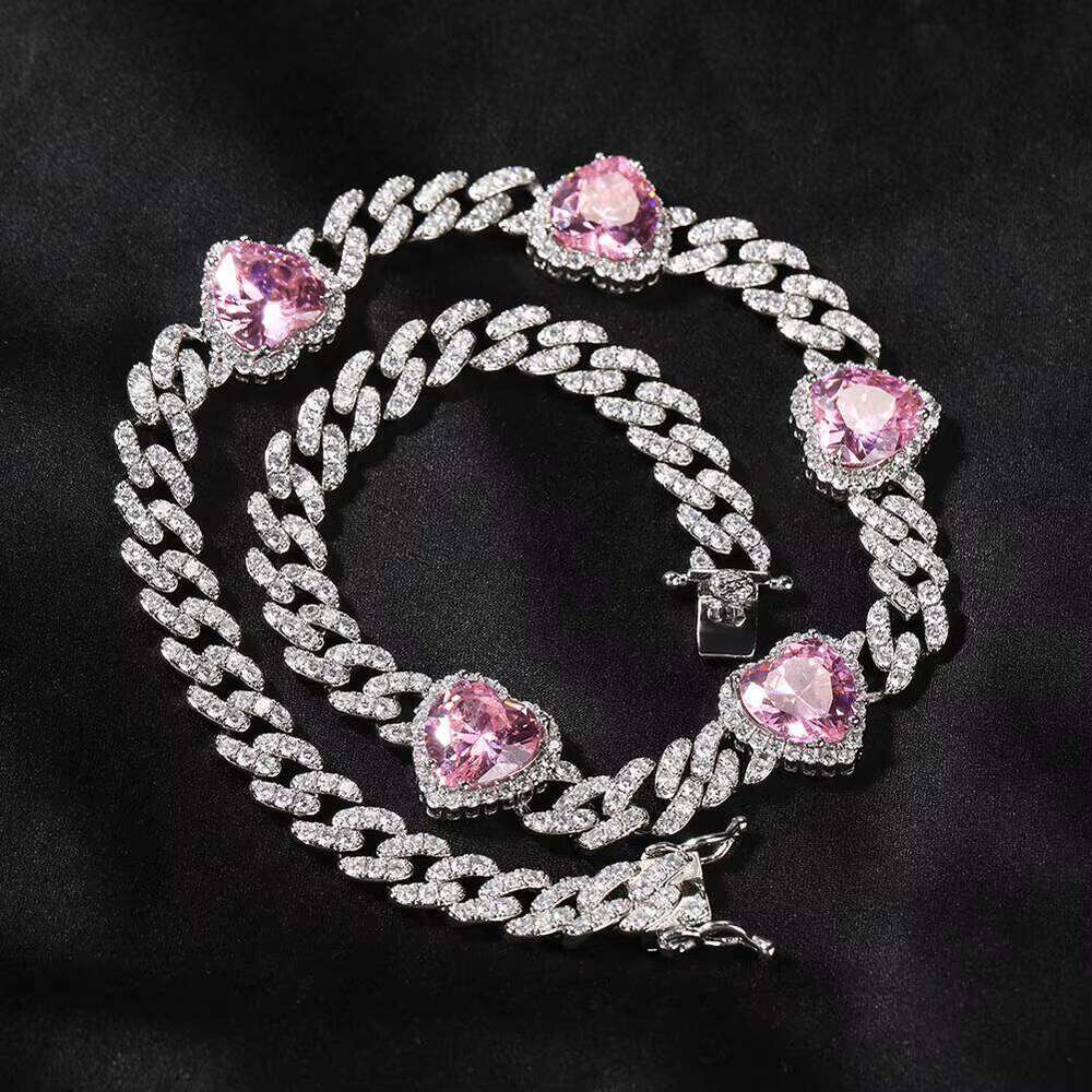 DHCollections Heart Pink Stone Cuban Chain Necklace and Bracelet Set Gold Iced Out HipHop Jewelry for Women