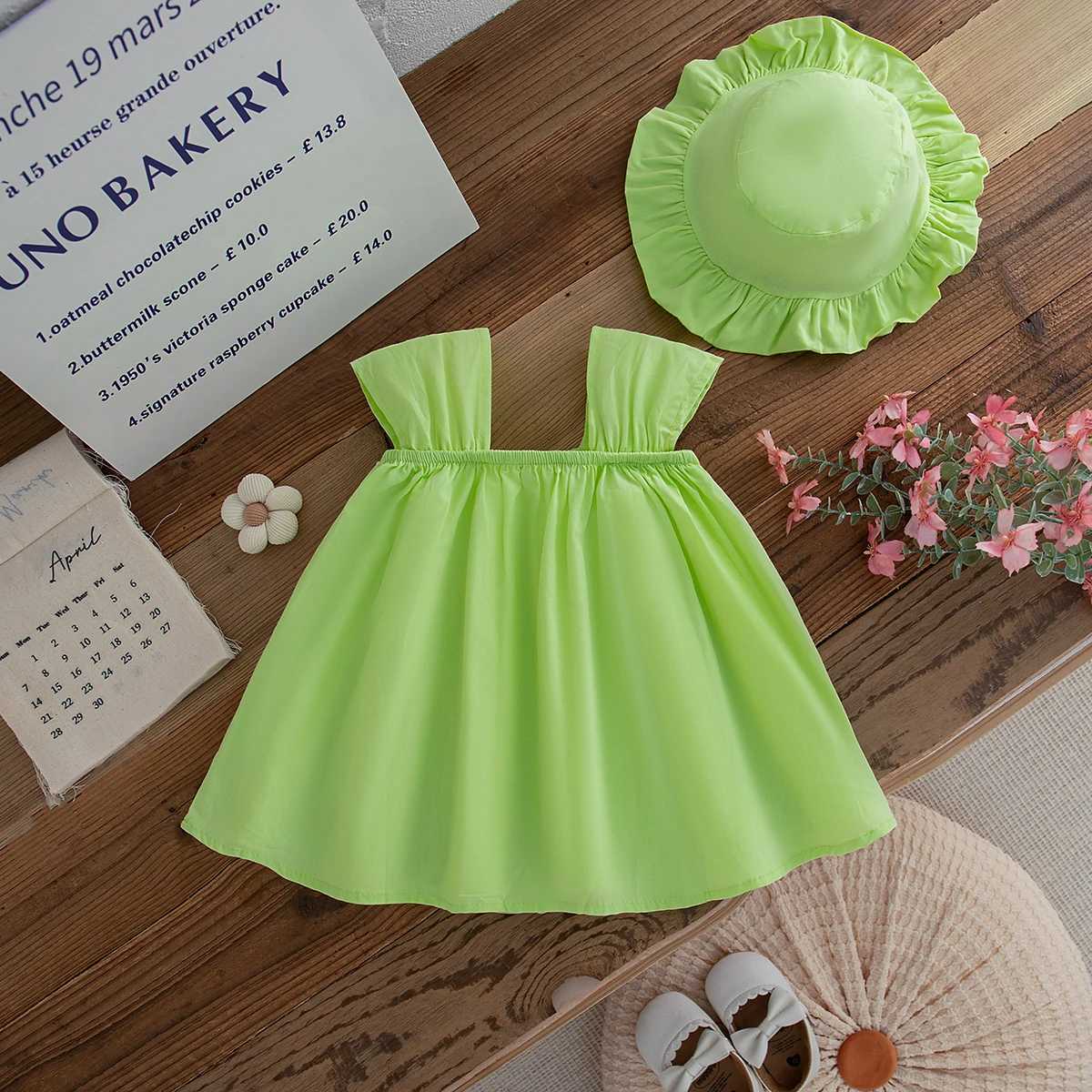 Baby Girl Dress Summer Floral Pattern Solid Color Sling Beach Simple Baby Dresses Cute Casual Baby Girl Dress With Hat X250528