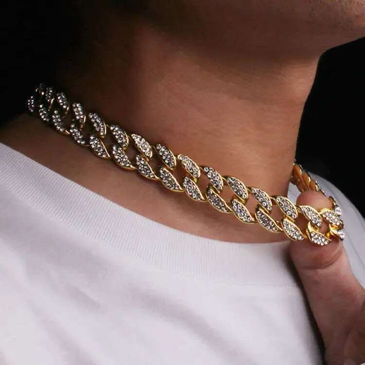 Accessories for men, hip-hop Cuban necklace, full dia trendy sweater 12MM large gold chain, no fading