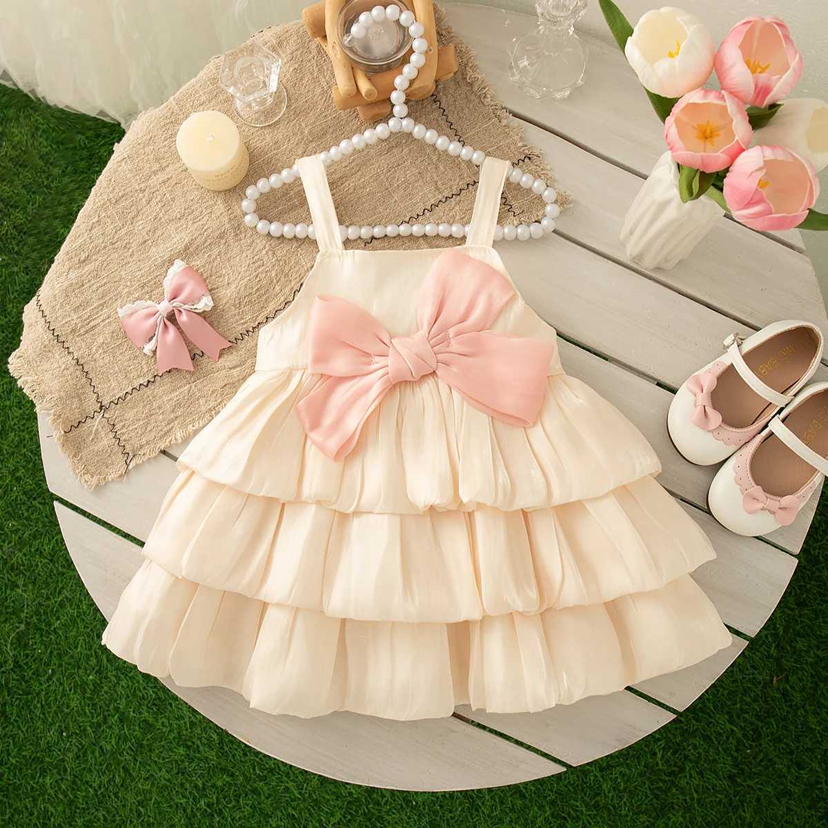 Baby Girl Dress Summer Bow Solid Color Halter Multi Layered Design Hem Girl Kids Dress Cute Casual Baby Princess Dresses X2505281