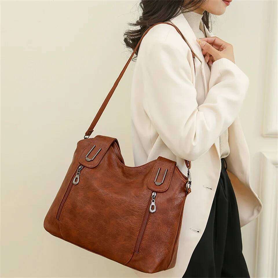 Capacity Brown Shoulder Bags For Women Large Shopper Solid Color Soft Leather Crossbody Handbag Lady Travel Tote Bag