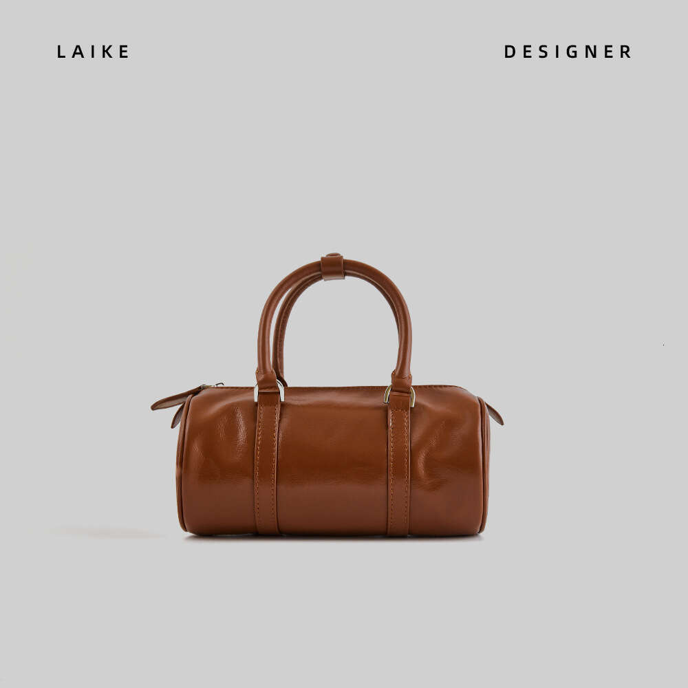 New Genuine Leather Women's High-end First Layer Cowhide Round Barrel Pillow Niche Simple Boston Shoulder Crossbody Bag