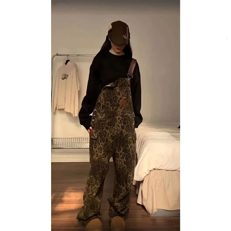 MEXZT Vintage Denim Jumpsuits Women Streetwear Leopard Wide Leg Jeans Overalls Y2K Korean Baggy Suspender Pants Casual Trousers 250523