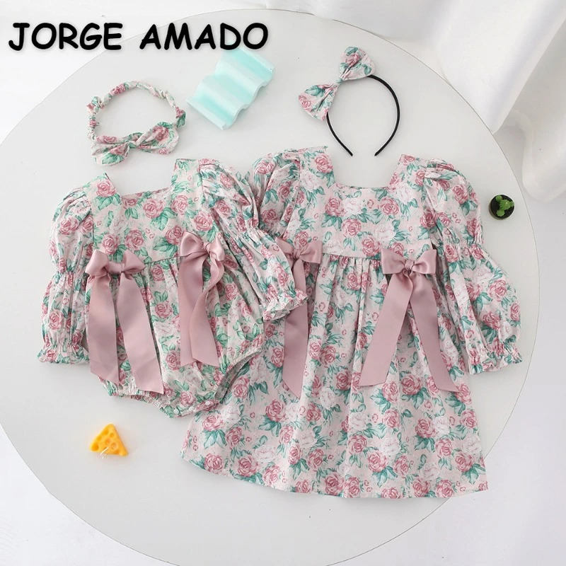 Family Matching Outfits Spring Long Puff Sleeves Floral Baby BodysuitSquare Collar Dress with Bowknot for Twins Girls H4408 250528