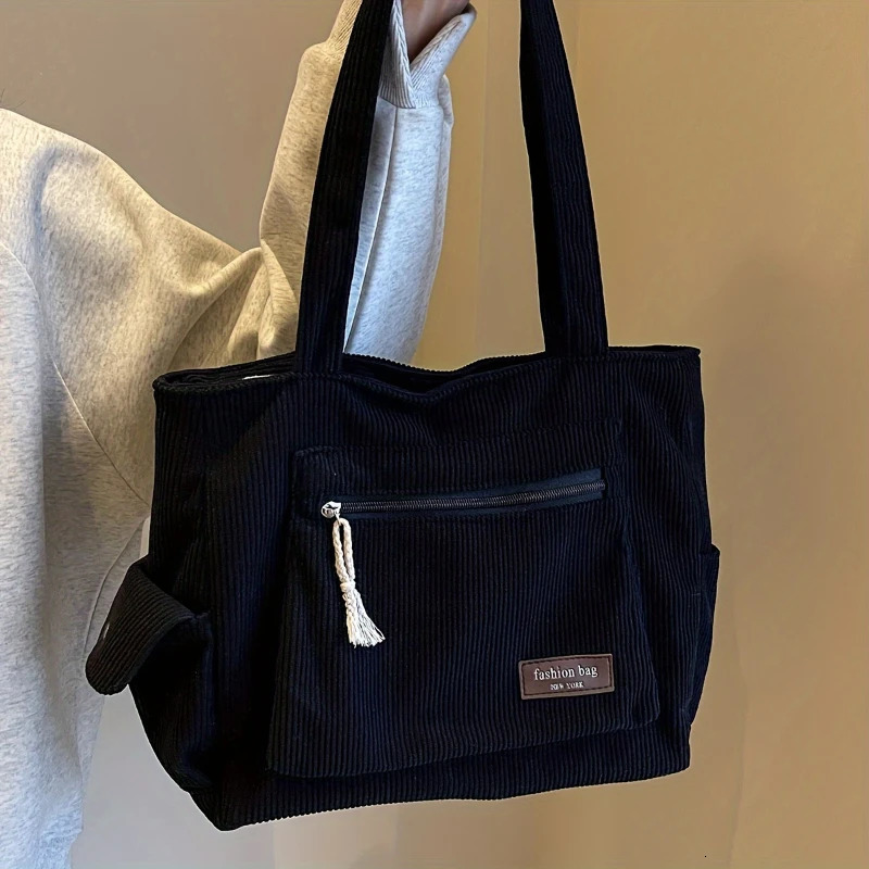 Simple Corduroy Tote Bag Solid Color Shoulder Bag Retro Multi Pockets Handbag For School Work Shopping 250523