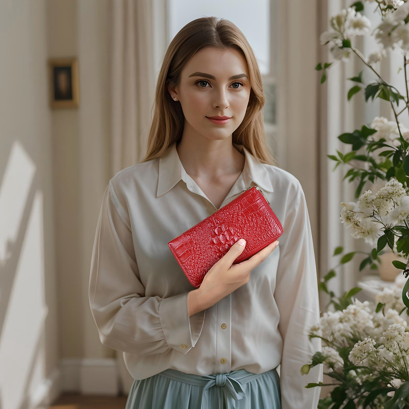 Free Shipping Designer Wallet Women's Leather Long Style Temperament Handbag Crocodile Pattern Head Layer Cowhide Phone Bag Zipper Card Bag Busin