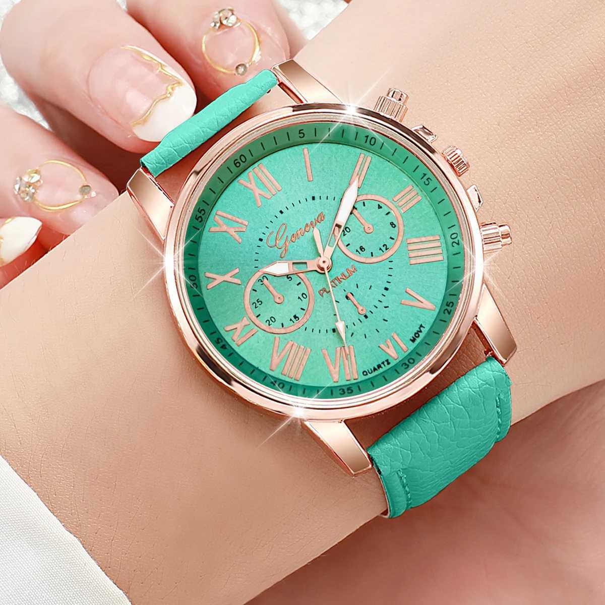 6PCS/Set Fashion Roma Dial Womens Quartz Watch Casual Leather Band Analog Wrist WatchesWithout BoxXJ250527