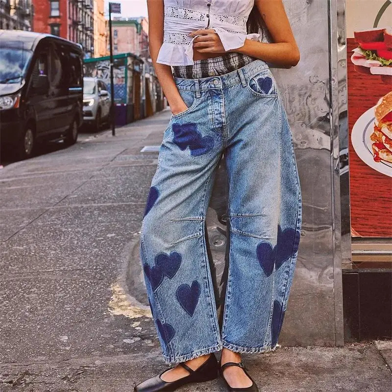 2024 Fashion Love Print Decoration Denim Pant Loose Straight Jeans Female Casual Midi Waist Trousers Trend Streetwear 250516Z