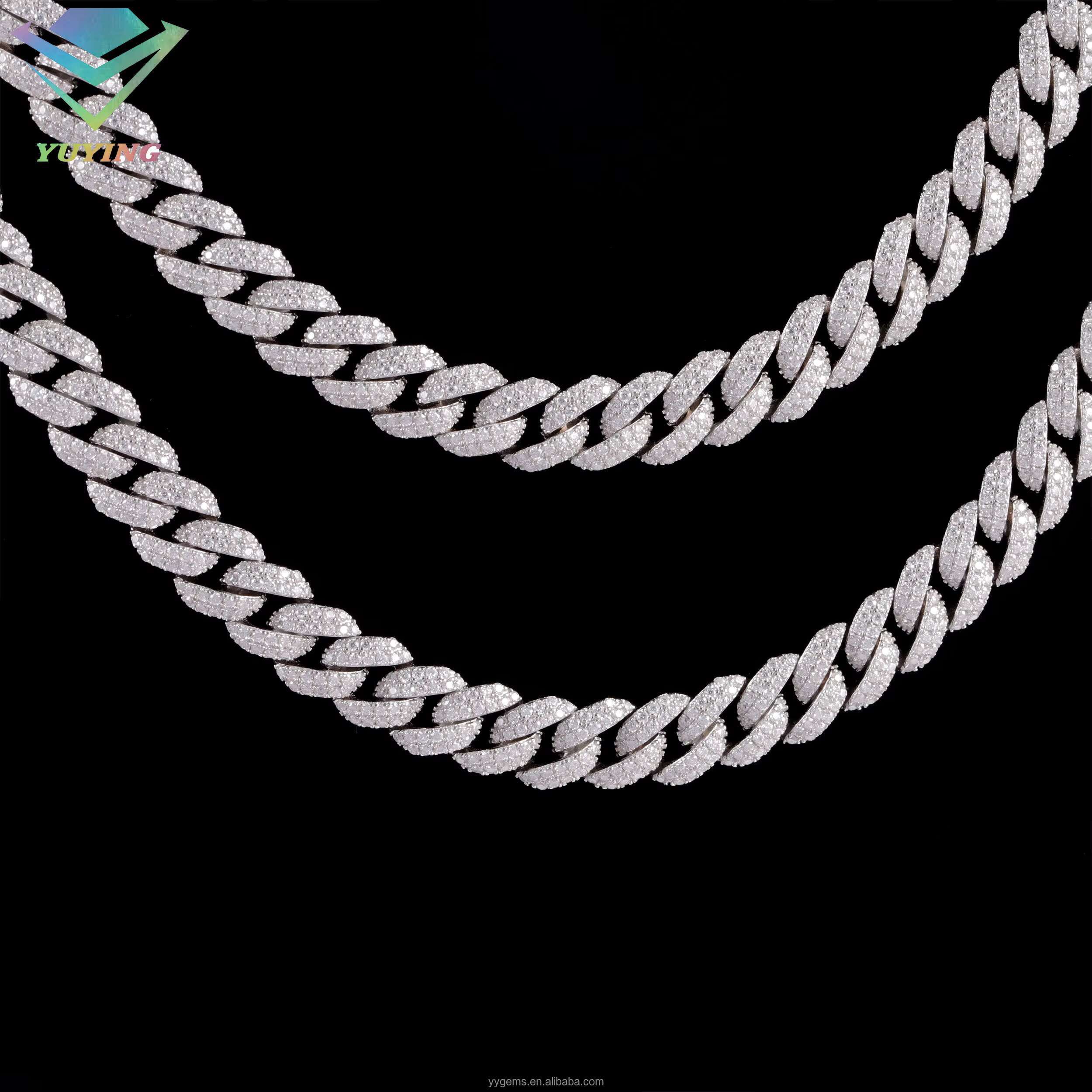 Best Selling Full Ice Out Mossanite Cuban Chain 2rows 9mm 925 Solid Silver Chain Men Necklace VVS Moissanite Cuban Link Chain