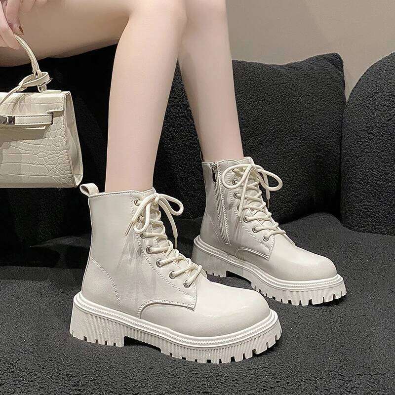 Women's 2024 Autumn/Winter New British Style Plush Fashion Thick Bottom Motorcycle Lace Comfort Zipper Snow Boots