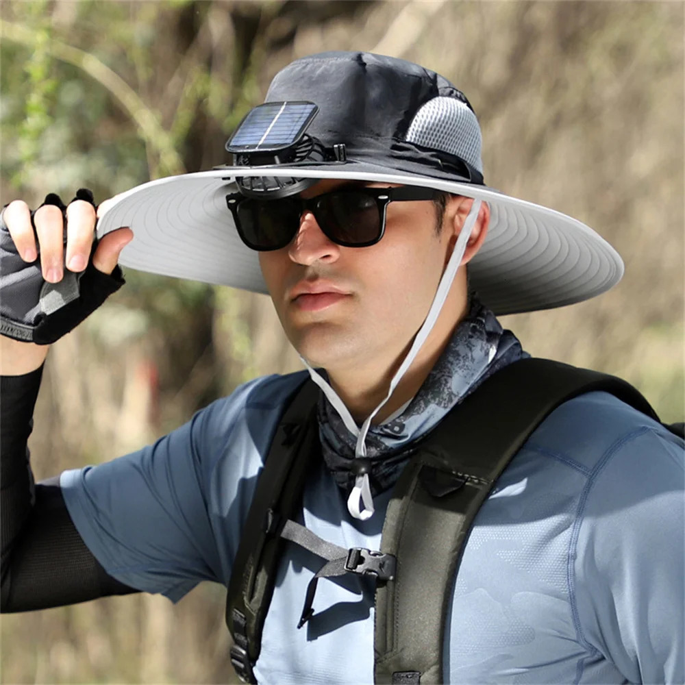 Summer Solar Fan Hat Outdoor Camping Fishing Hiking Sunscreen Fisherman Hats Men Women Brim Uv Waterproof Bucket Cap 250526