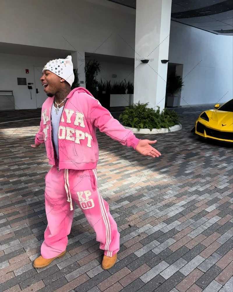 Oversized Sportswear Suit Men Letter Embroidered Zipper Hoodie Y2K High Strt Fashion Brand High Waist Sports Pants X250528