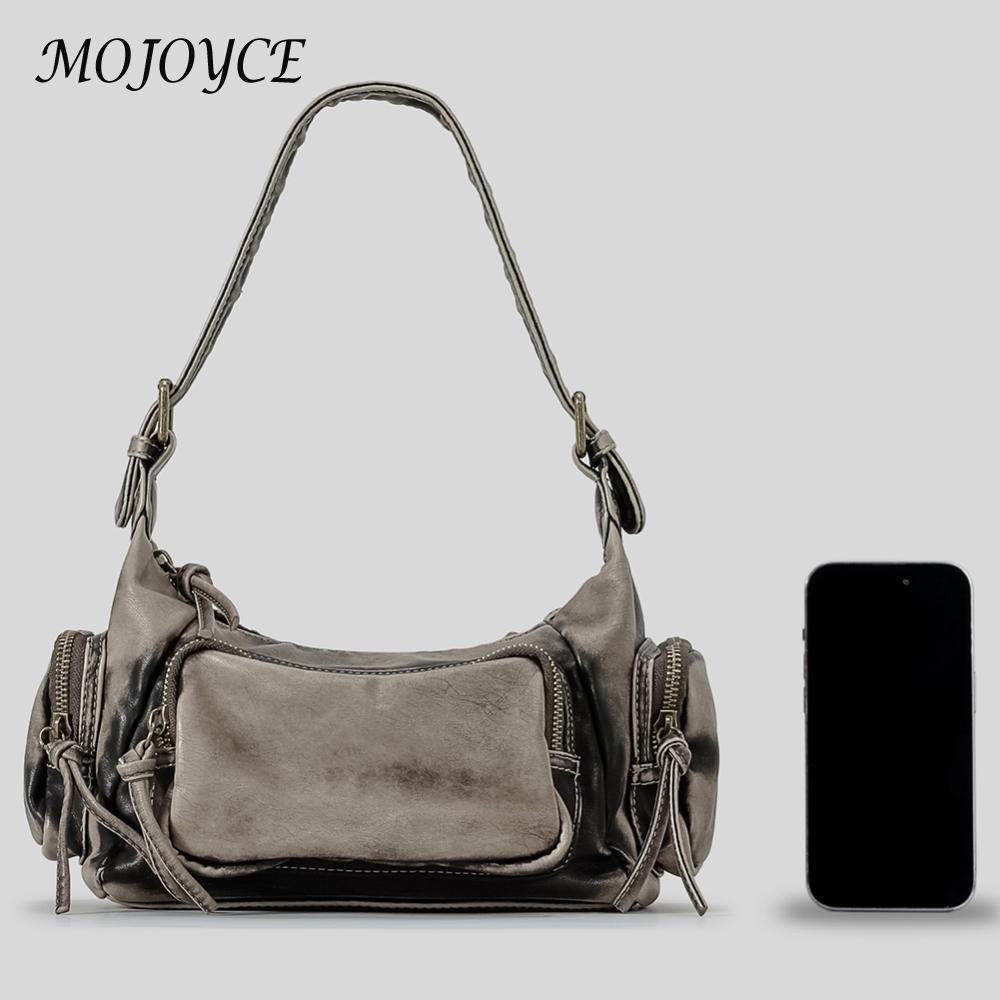 Women Y2K Underarm Bag Solid Color PU Locomotive Shoulder Bag Large Capacity Retro Tote Purse Multi-pockets for Party Vacation