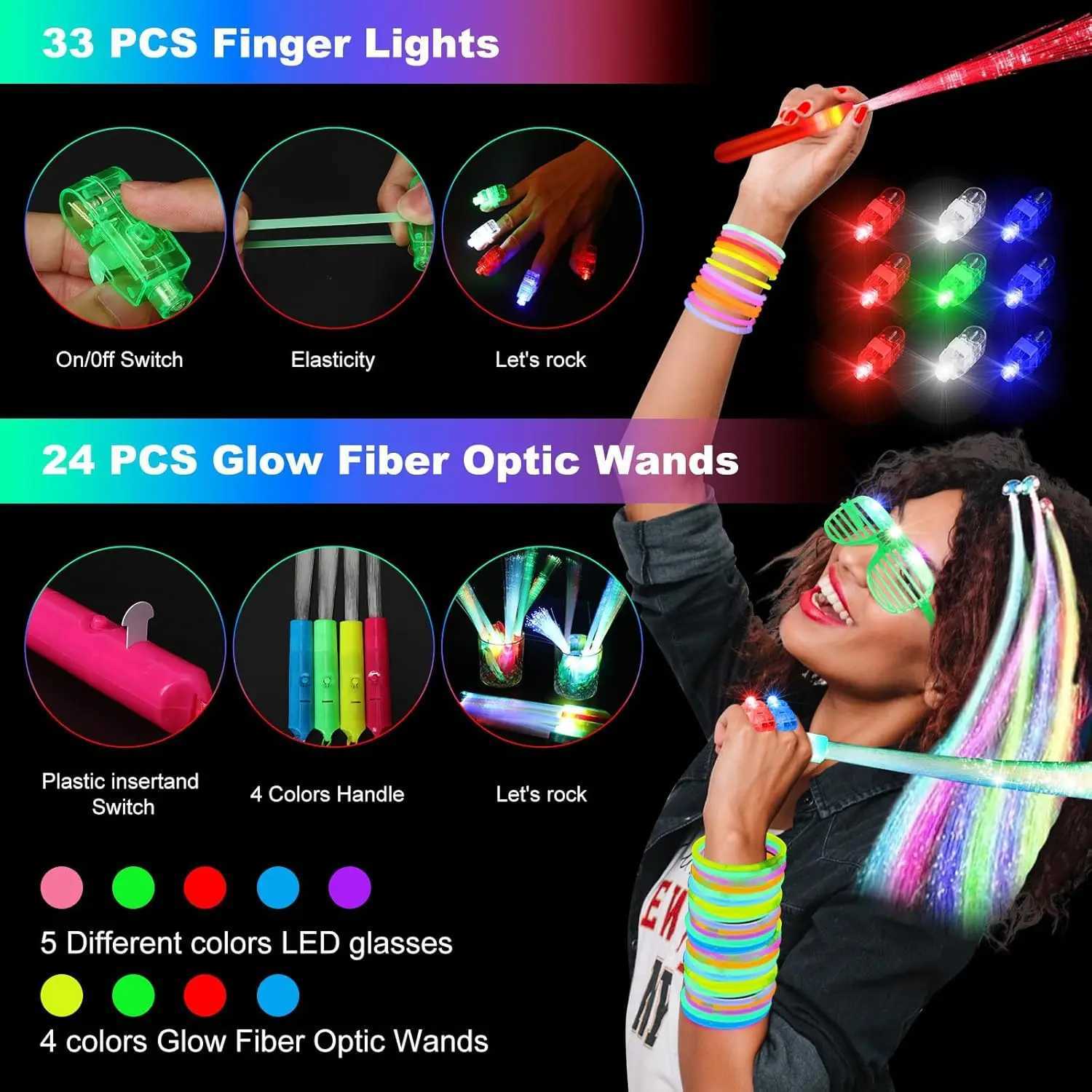 290-Pack LED Party Supplies 200 Glow Sticks 24 Fiber Wands 15 LED Glasses 33 Finger Lights 18 Hair Clips for Wedding W250528