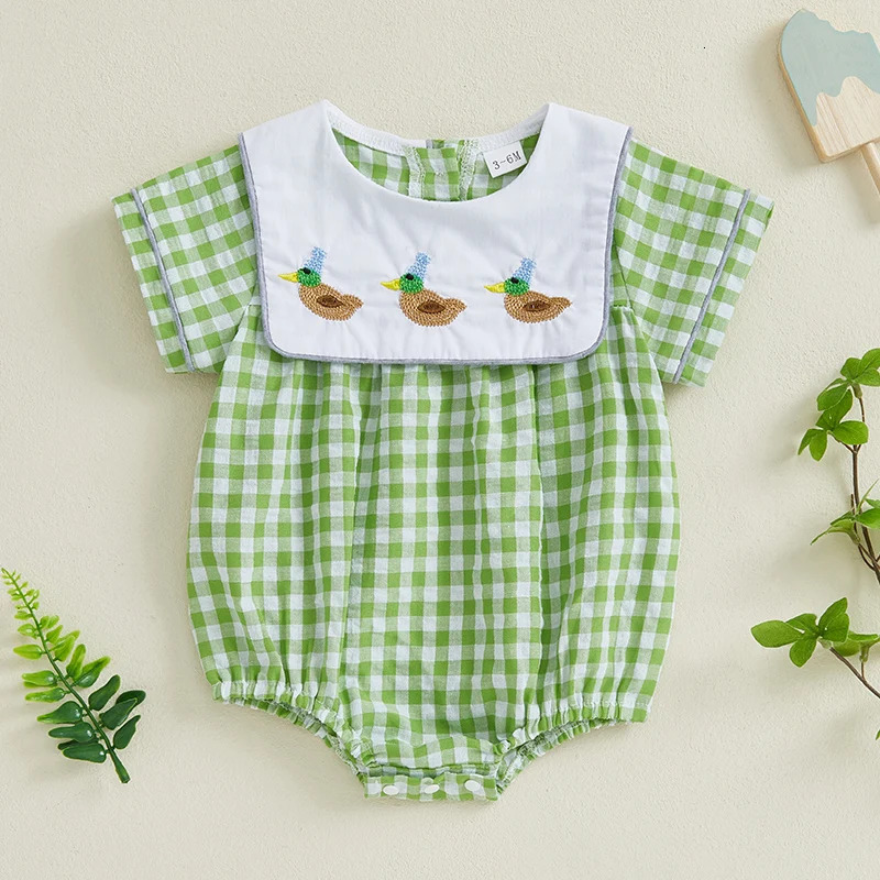 Pudcoco Infant Baby Girl Summer Casual Romper Short Sleeve O Neck Duck Embroidery Plaid Romper 0-18M 250528