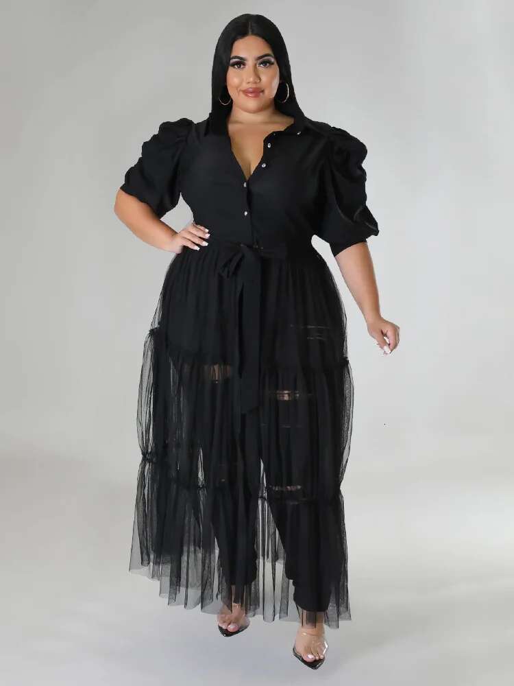 Plus Size Dresses Sexy Mesh Patchwork Puff Sleeve Club Outfit Elegant Bandage Long New Maxi Dress Wholesale Dropshipping