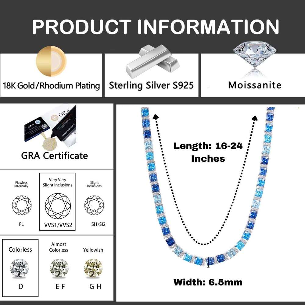 Fashion Sterling Sier Vvs Moissanite 6.5mm Baguette Dia Tennis Chain Necklace Summer Blue Gradient Color Jewelry