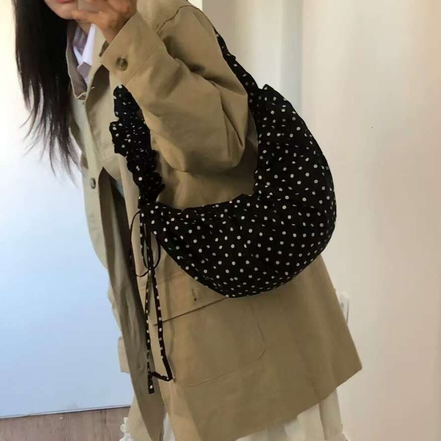 Polka Dot Korean INS Niche Cute Lace-up Pleated Single Shoulder Crescent Saddle Bag Versatile Crossbody Handbag