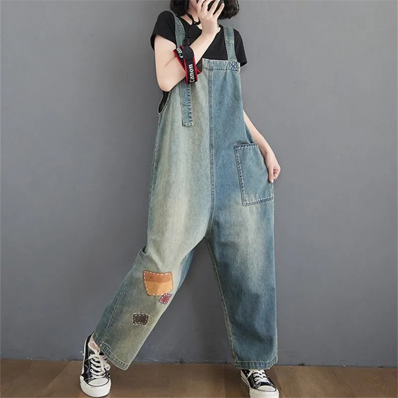 Casual Patchwork Denim Overalls women Spring Summer 2025 Artistic Vintage Suspender Jumpsuit Straight leg Pants Female B920 250523