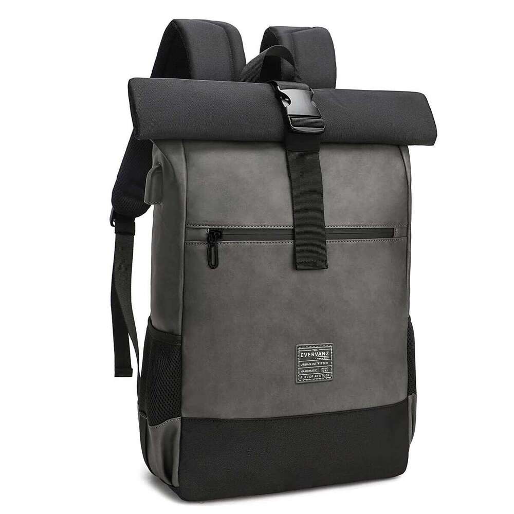EverVanz Roll top Travel Waterproof PU Rucksack Men Women 17 Inch Laptop Bag Stylish College Backpack Schoolbag