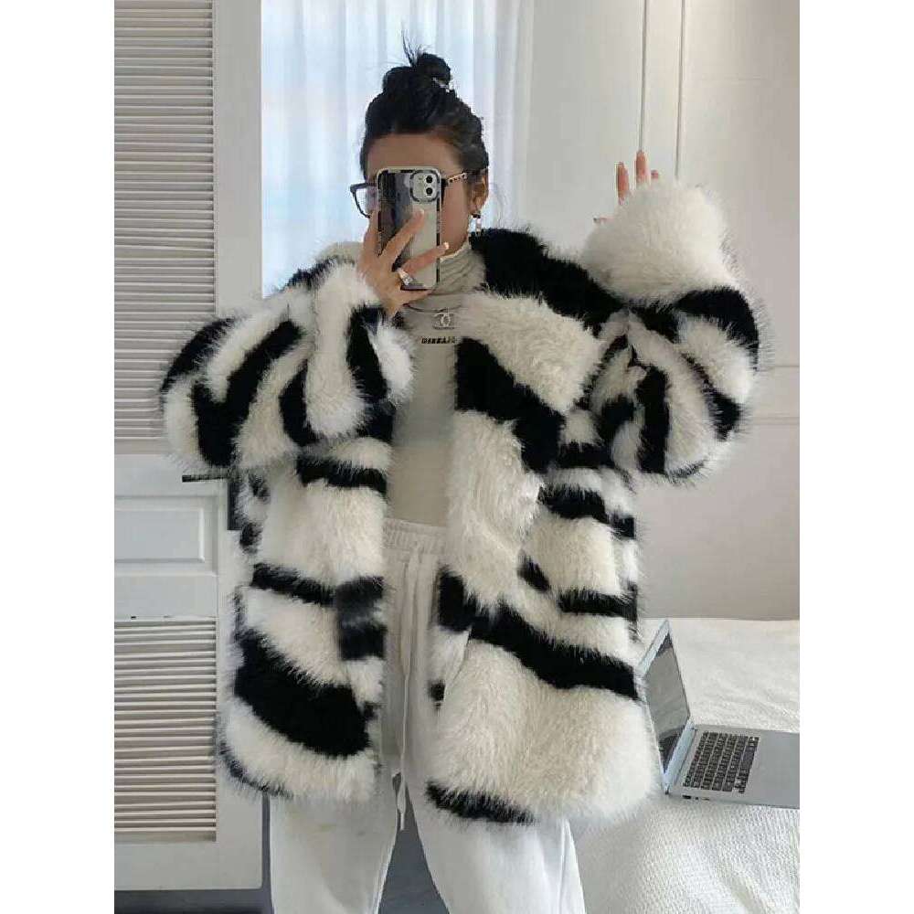 HIGH QUALITY Winter Zebra Striped Large Lapel Coat Long Sleeve Warm Shaggy Faux Fur Jacket Loose Outwear