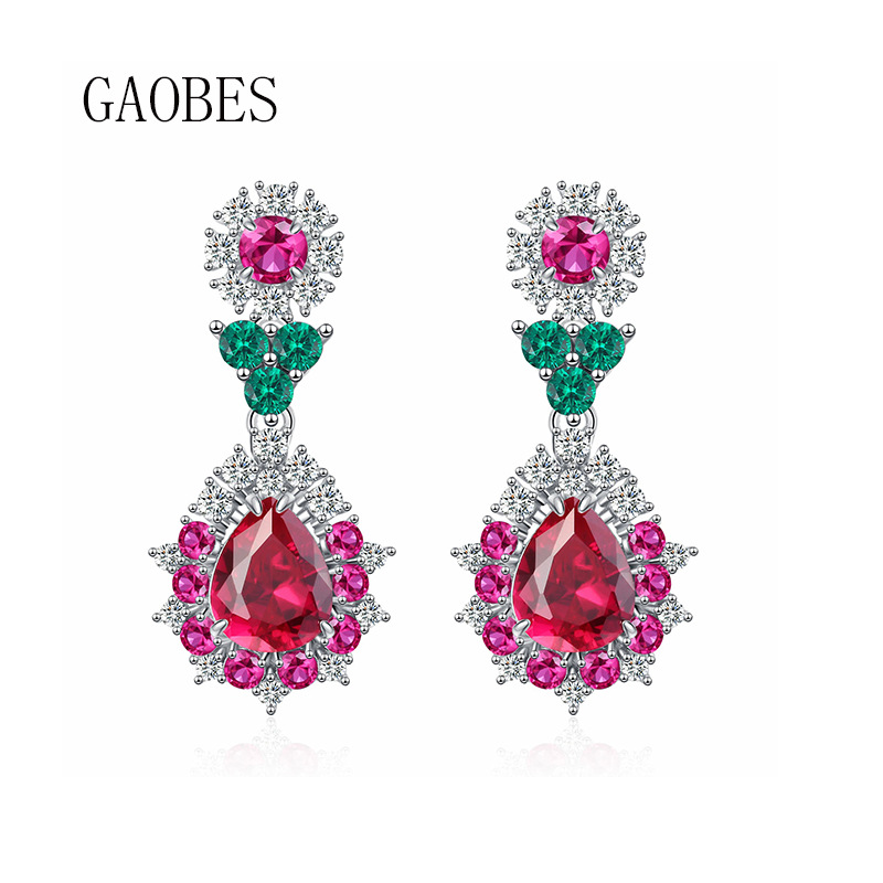 S925 Sterling Silver Pigeon Blood Red and Blue High-End Waterdrop Pear-Shaped Earrings, Luxury Handmade Earrings for Parties