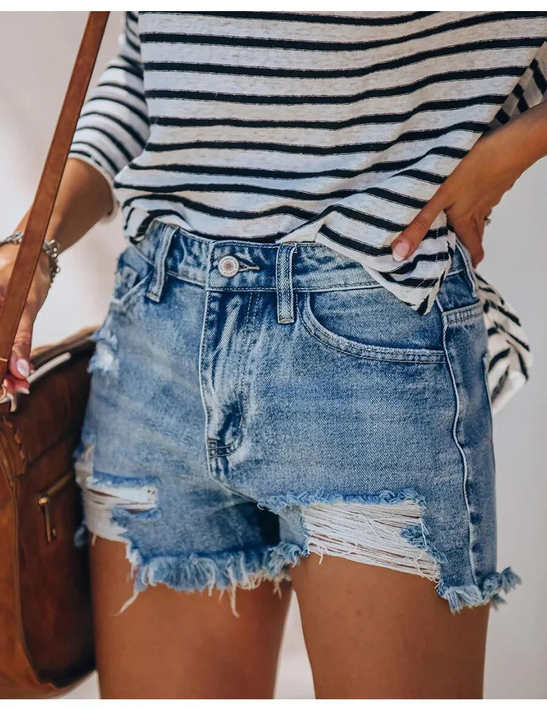 Summer Womens Ripped Denim Shorts Fashion High Elastic Tassel Straight Jeans Shorts Casual Sexy Ladies Shorts 250520