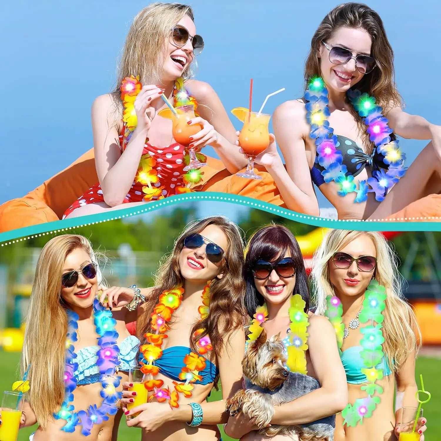 16-40Pcs Light up Hawaiian Leis LED Light up Flower Leis Necklace Leis for Beach Tropical Carnival Party Supplies Wedding Gifts W250528