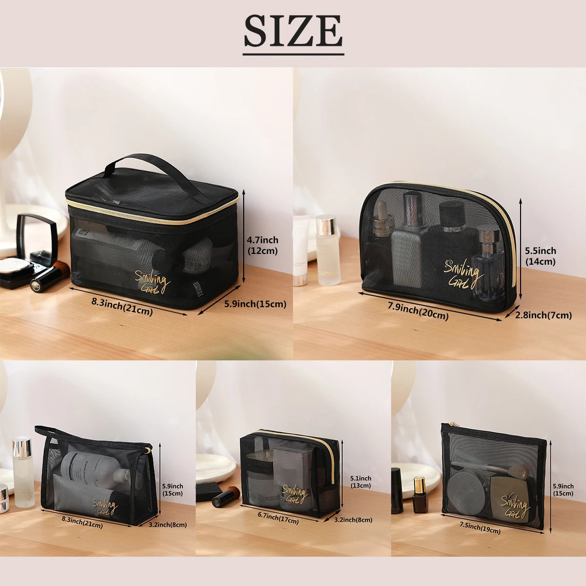 5pcs/Set Mesh Makeup Bags Black Heart Portable Cosmetic Pouches Washbag 250527