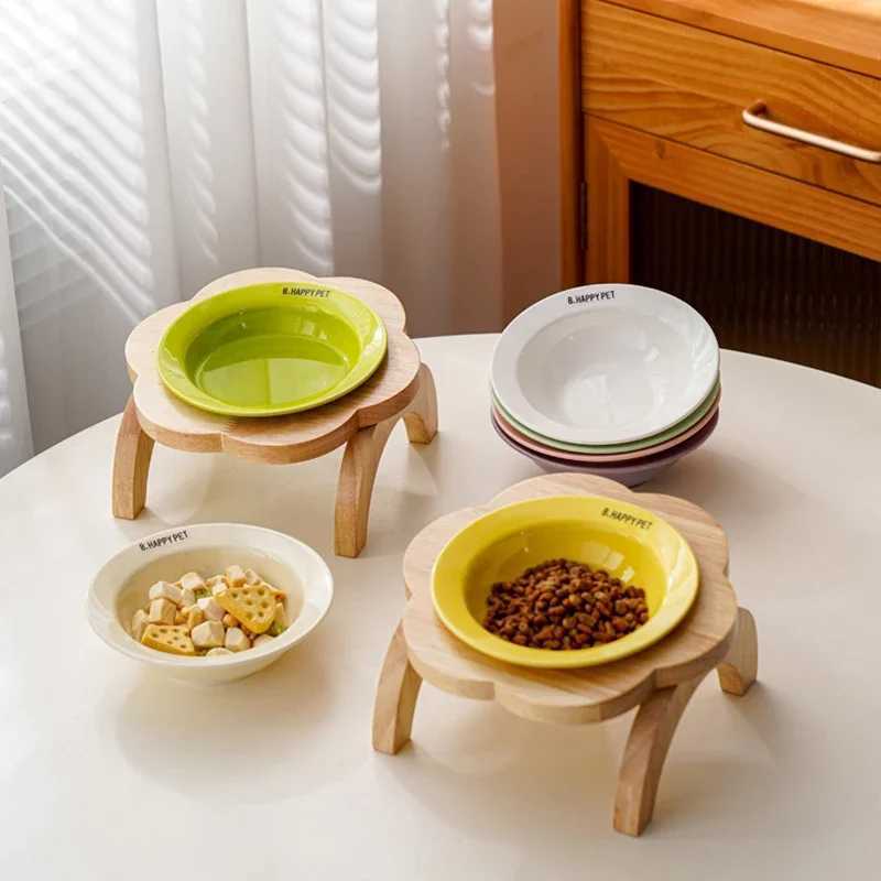Ceramic Cat Bowl with Elevated Wooden Stand Protection Cervical Spine Puppy Feeding Bowl Drink Water Bowl Pet Supplies Y250528