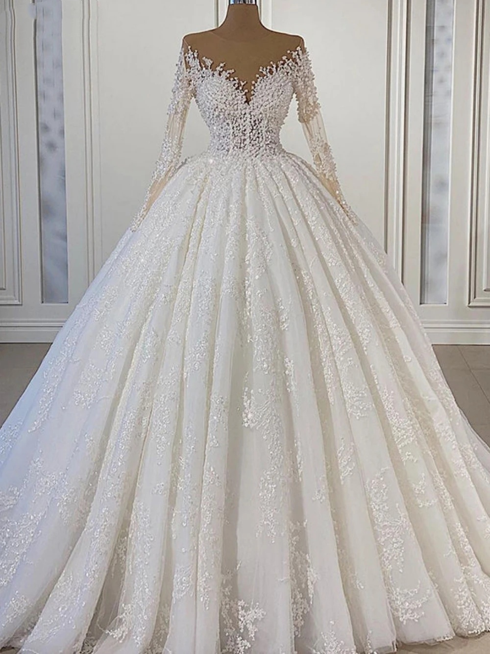 Illusion Ball Gown Wedding Dress Sheer Neck Long Sleeves Bridal Gowns Sequins Lace Sweep Train Dresses Customized vestidos de novia