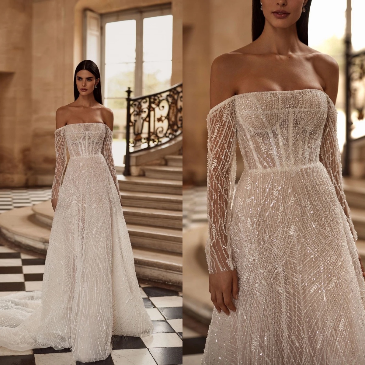 Elegant Wedding Dress For Women Off Shoulder Long Sleeves Bridal Gown Sequins Beaded Sweep Train Dresses Custom Made vestidos de novia