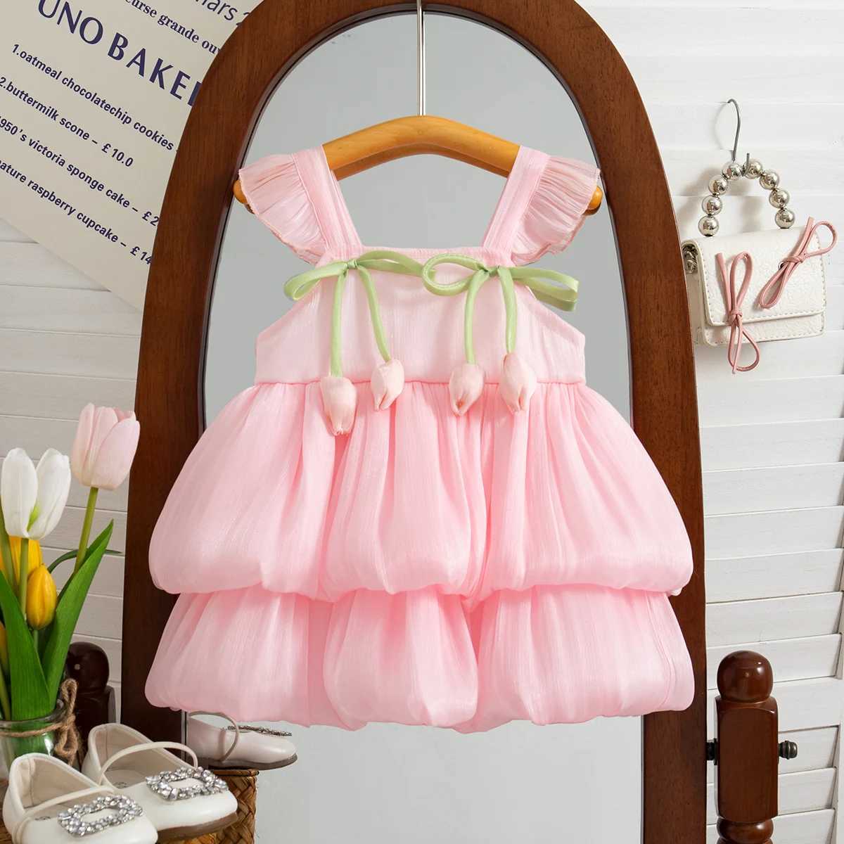 Summer New Style Two Tulip Suspender Flower Bud Skirt For Girls Aged 0-3 Double Layered Flying Sleeve Solid Color Dress X250528
