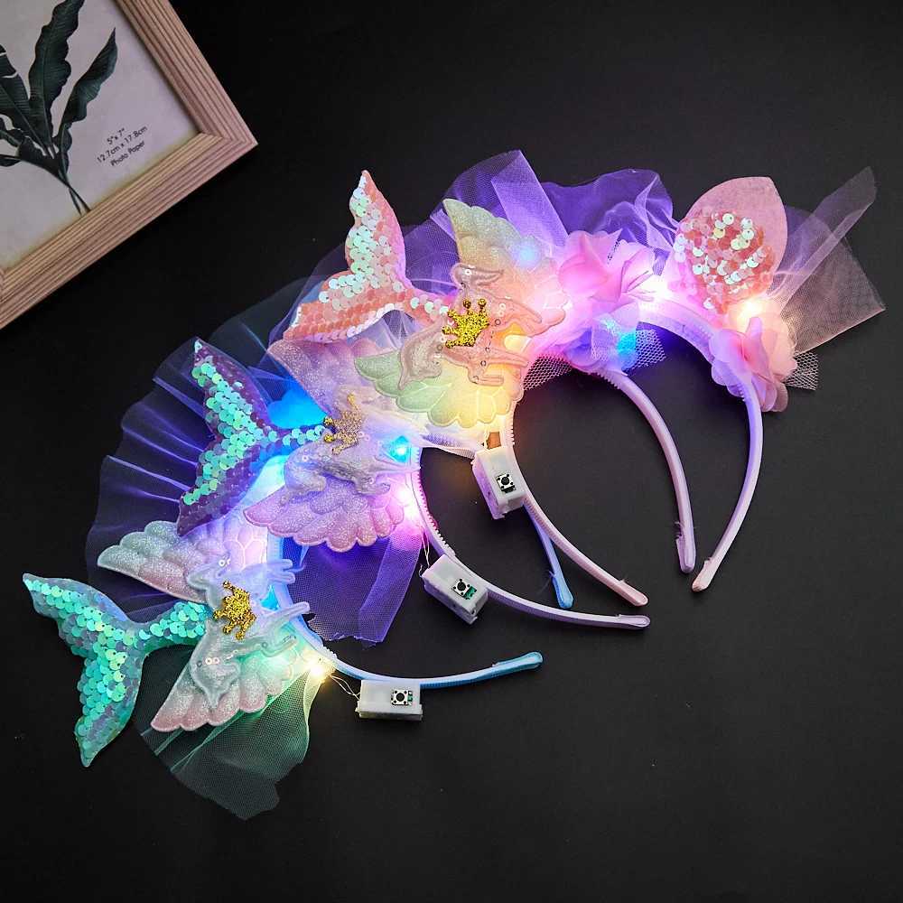 1/10/20 PCSLED Light Up Mermaid Tail Headband for Girls Glitter Sequin Hairband with Tulle and Crown for Party Birthday and W250528