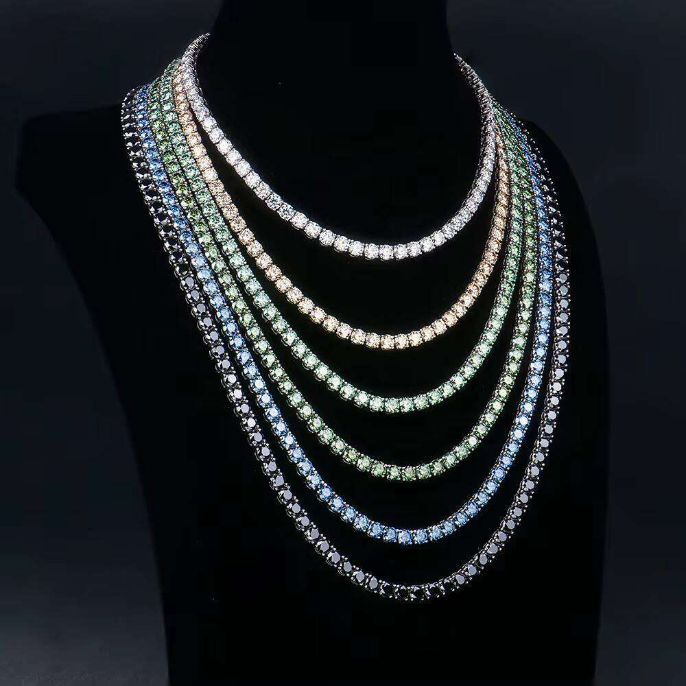 Dia Sier 2mm Blue Green Vvs Moissanite Cuban Hip Hop Chain Tennis Necklace Custom
