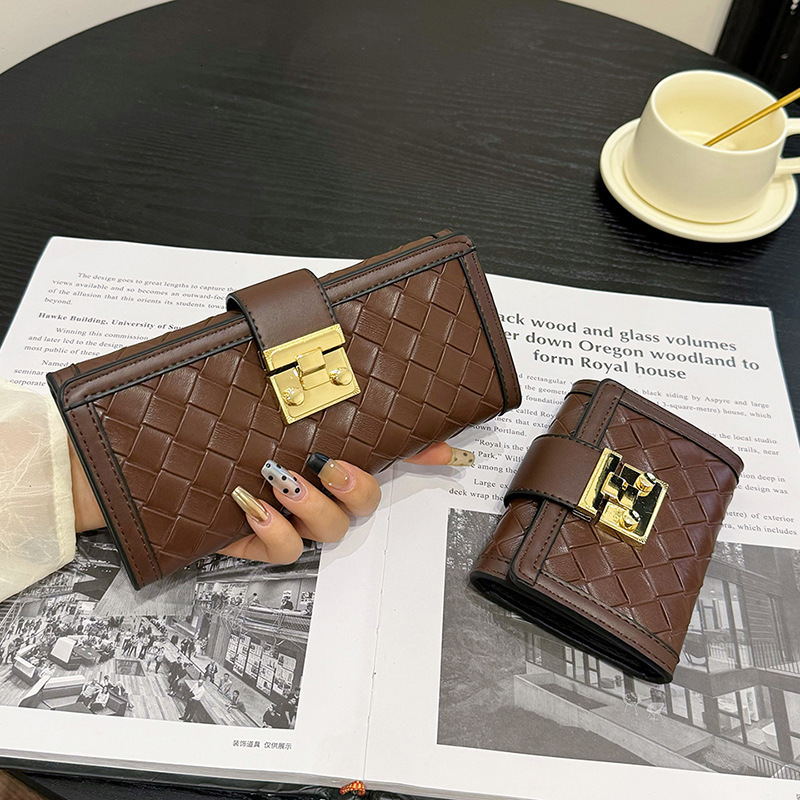 Free Shipping Designer Wallet 2025 New Multifunctional Long Handbag Woven Three Fold Student Short Change Bag Lock Buckle Wallet Card Bag Mobile Phone Bag