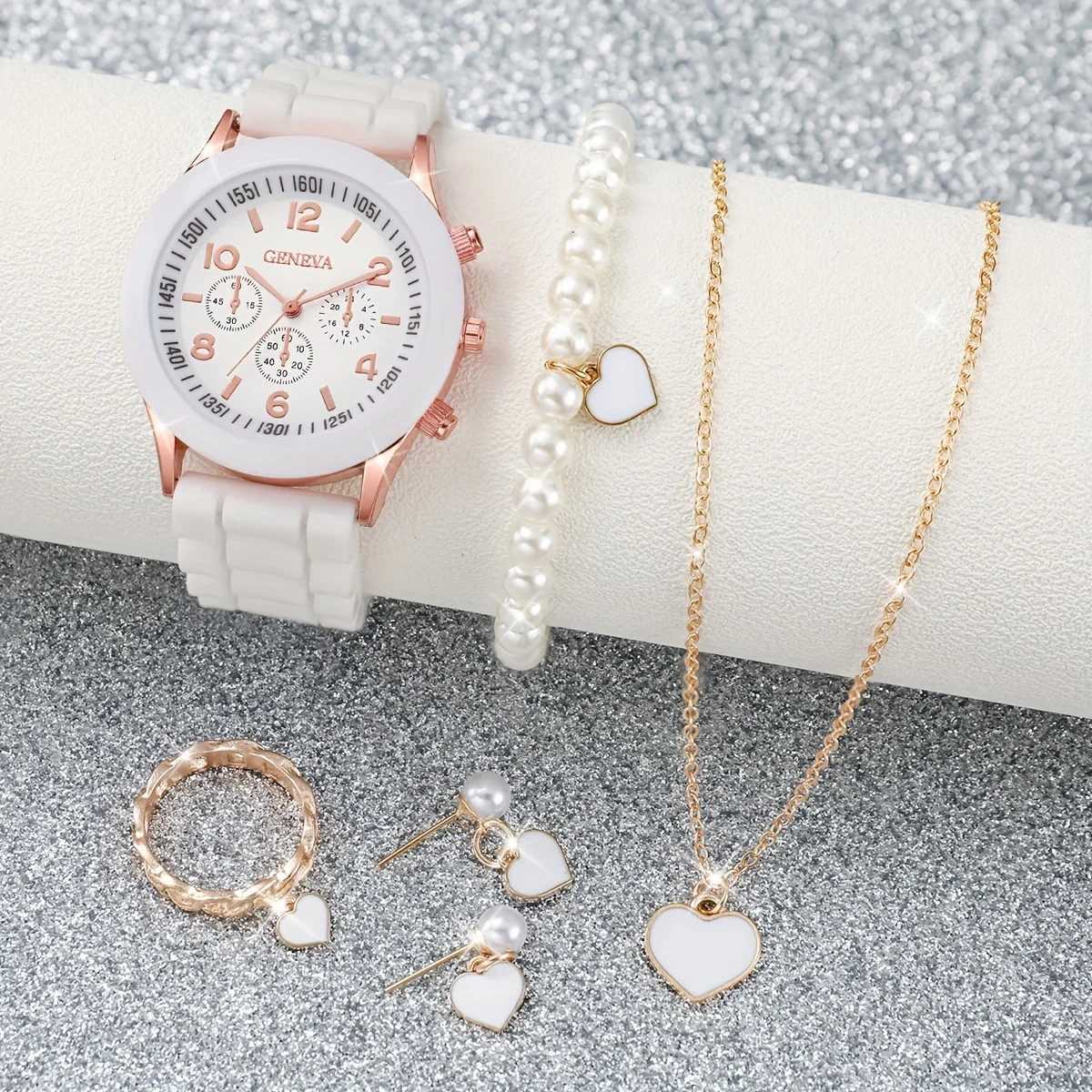3/6PCS Womens Watches Casual Silicone Band Analog Quartz Watch Heart Pearls Jewelry Set(Without Box) XJ250527
