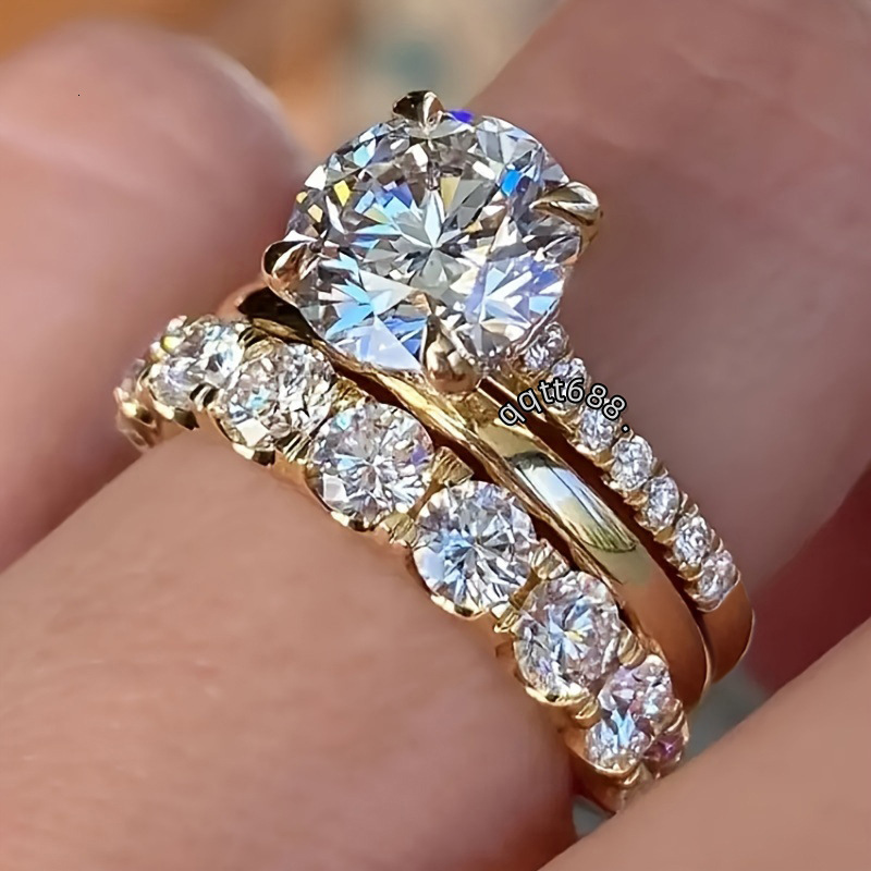 3PCS Wedding Rings Elegant Vintage Jewelry 10KT Gold Fill Round Cut White Cubic Zircon CZ Diamond Gemstones Party Eternity Women Bridal Ring Set Gift