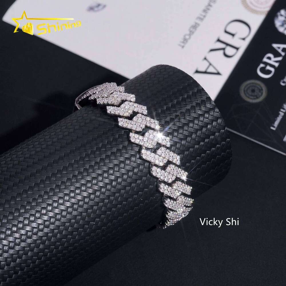 Hot Selling Hip Hop Men Necklace GRA Solid Sier 13mm Two Rows Iced Out VVS1 Moissanite Cuban Link Chain