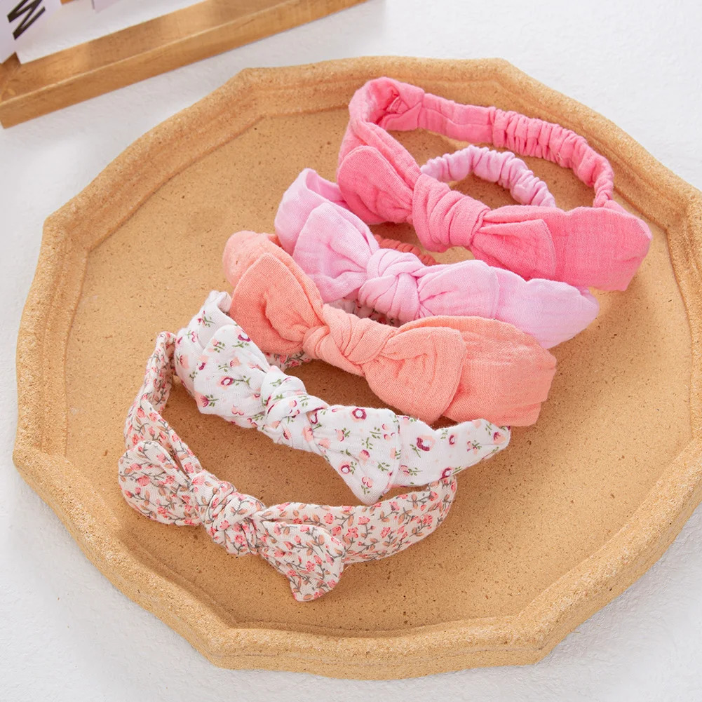 5Pcs/Set Solid Muslin Cotton Linen Baby Headband Elastic Rabbit Ear Hair Band Infant Girl Turban Headwraps Stretch Accessories 250528