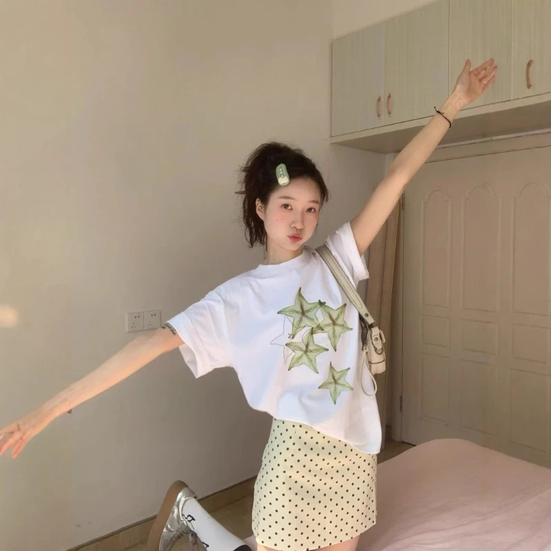 Carambola Printing White Short Sleeve Tshirt Women Summer Korean Style Commuting Tops Lady Versatile Loose Leisure 250517