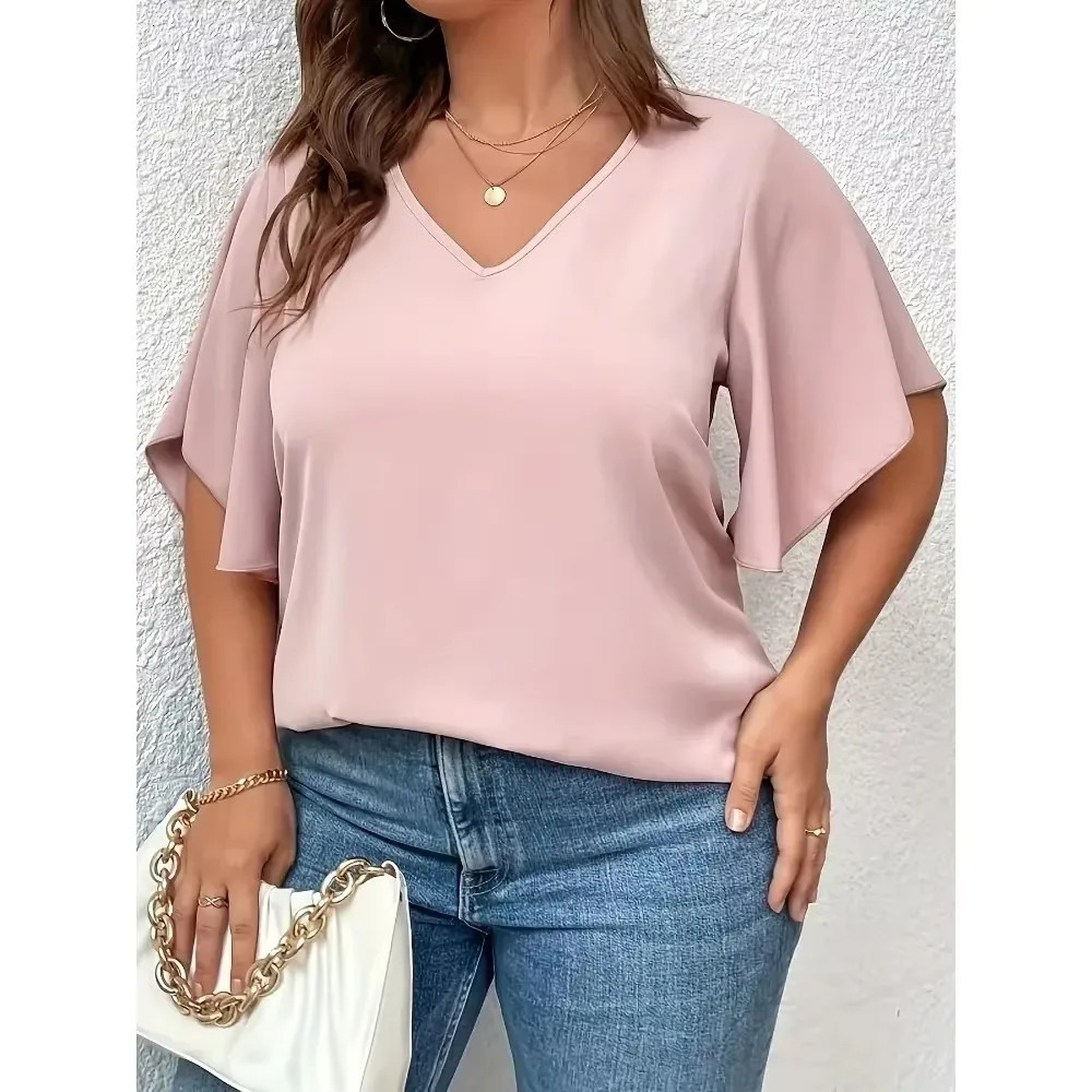 Plus Size 1XL5XL Womens Solid Color Short Sleeve Blouse V Neck Bell Casual Pullovers Shirt Top 250519