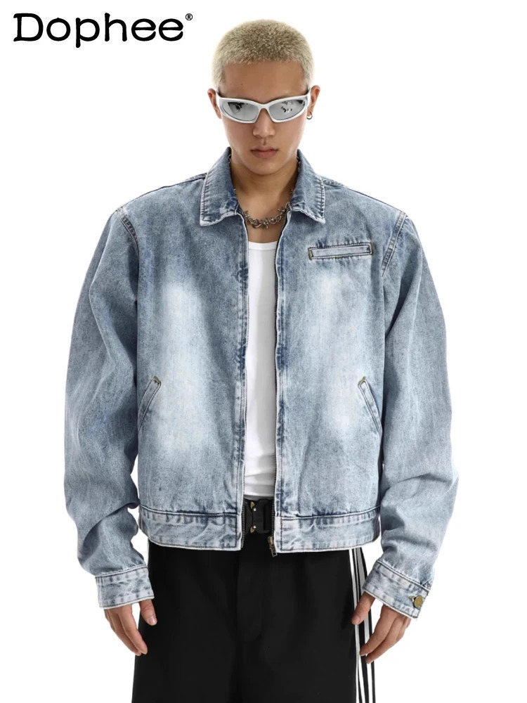 American Style Retro Lapel Shoulder Padded Denim Jackets Mens 2025 Spring Niche n Coats Loose Handsome Jacket 250516