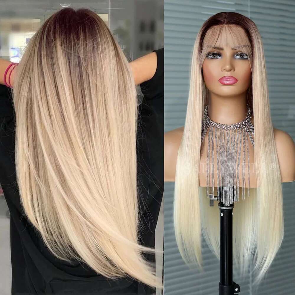 Ombre Lace Front Long Straight Brown to Dirty Blonde 3T Color Synthetic Heat Resistant Wig Pre Plucked