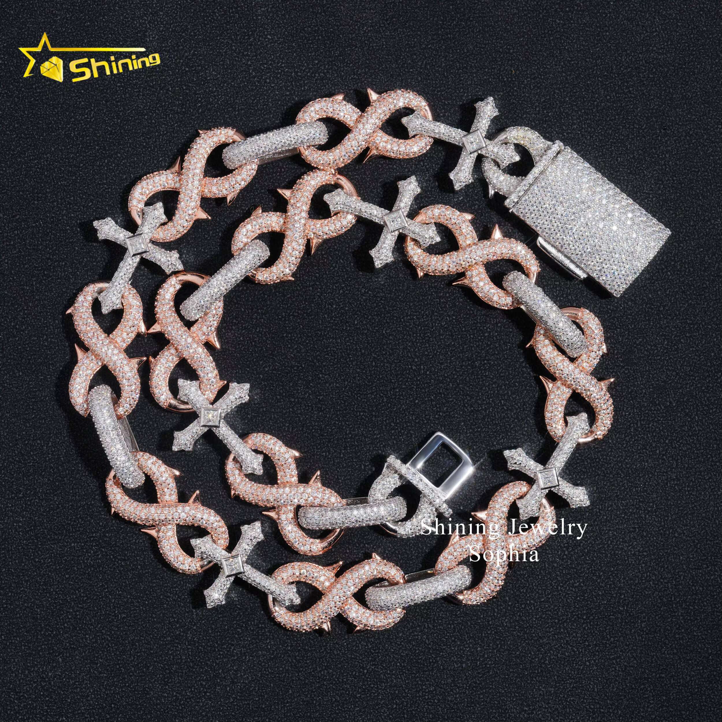 Pass Diamond Tester 16mm Luxury Infinity Style 14k Gold Plated Two Tone Cross Style Hip Hop Iced Out Cuban Chain Necklace