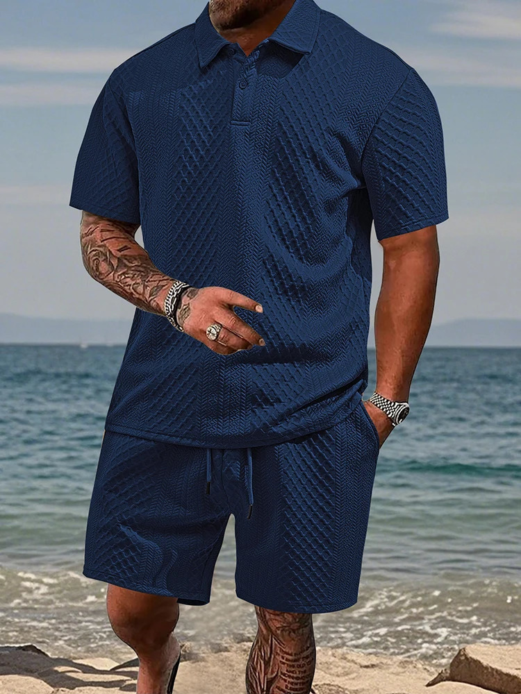2025 Summer Casual Mens Two Piece Sets Fashion Button Lapel Short Sleeve Polo Shirt And Shorts Outfits Men Vintage Texture Suits 250522