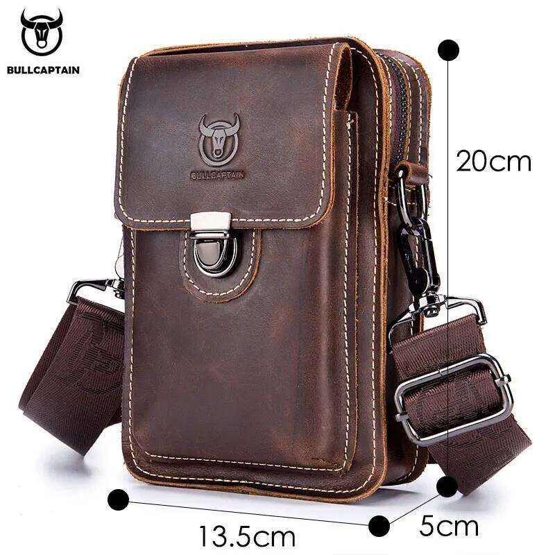 BULLCAPTAIN Crazy Horse Leather Male Phone Pouch Bags Waist Men's Small Chest Shoulder Belt Bag Back Pack Yb075