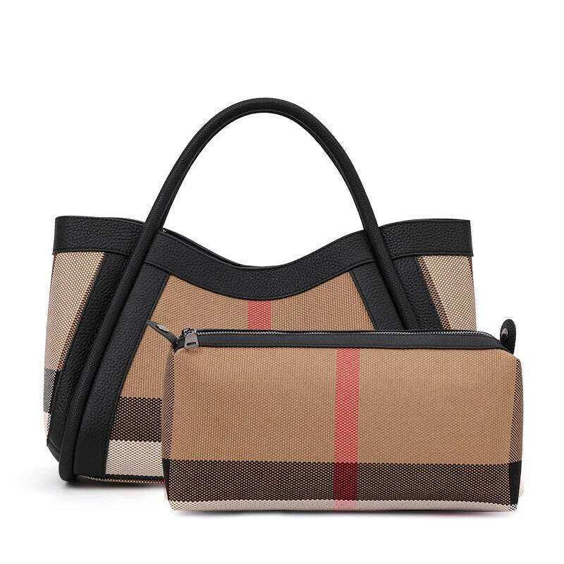 Leather Capacity Women's Handbag with Plaid Pattern 2025 New Design Large Bag