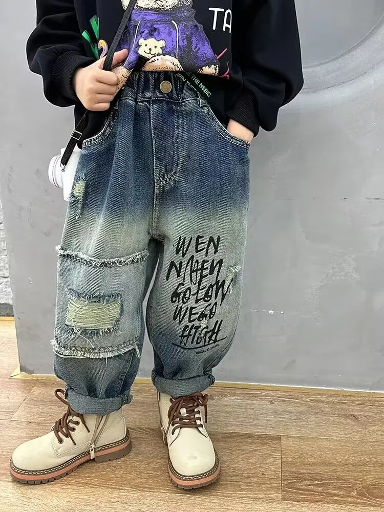 Childrens Ripped Jeans Pant Spring and Autumn Clothes Boys Casual Loose Pants Girls Baby Trousers Thin 2 4 6 12Y 250528