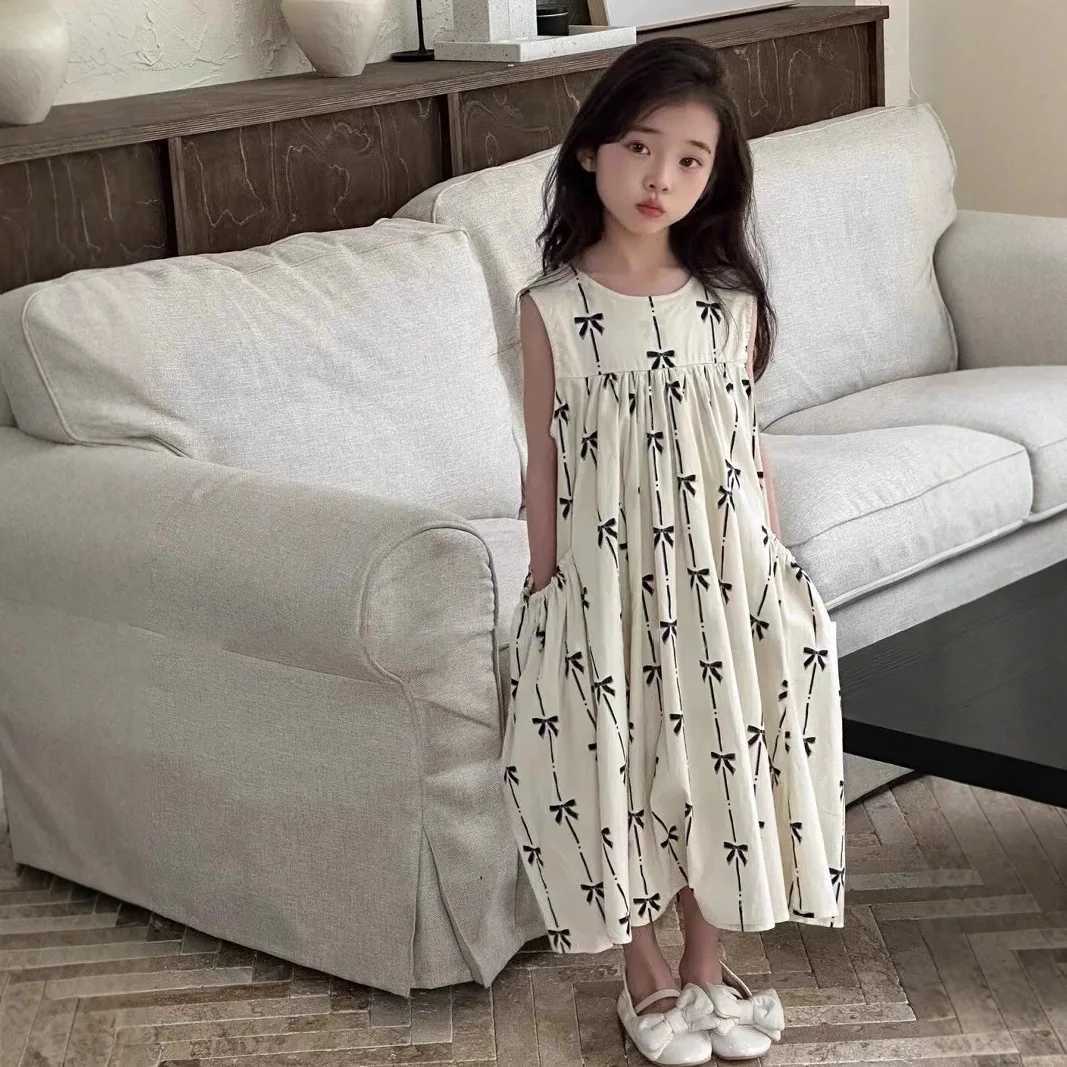 2025 Summer Kids Girls Stylish Vest Dress Pocket Sweet Princess Knotbow Dress For 2-8 Years Girls Loose Children Girls Dress X250528
